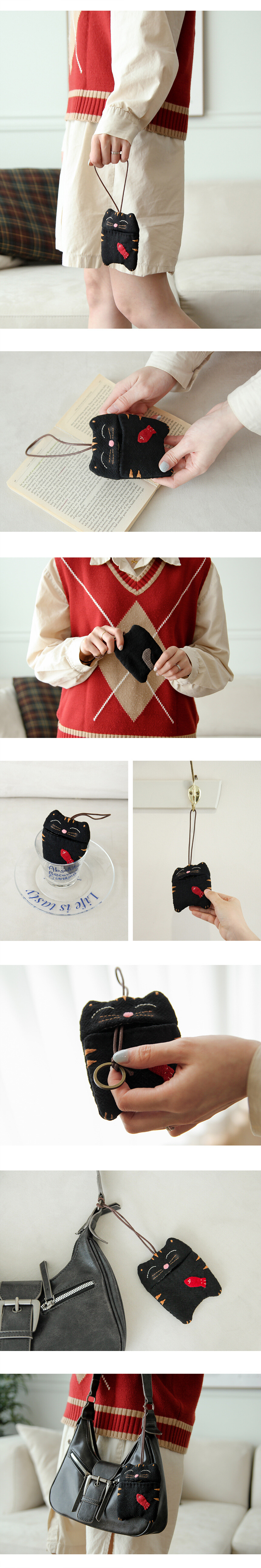 냥이키링완성예시및활용이미지,가방장식키링,오시도리끈과원형키링구성,미니소품제작