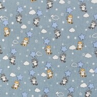 [국산린넨] 대폭 해피퍼피 린넨 프린트원단 - 블루 (1/2Yd)